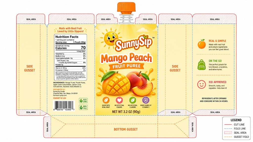 SunnySip spout pouch dieline with editable production layers